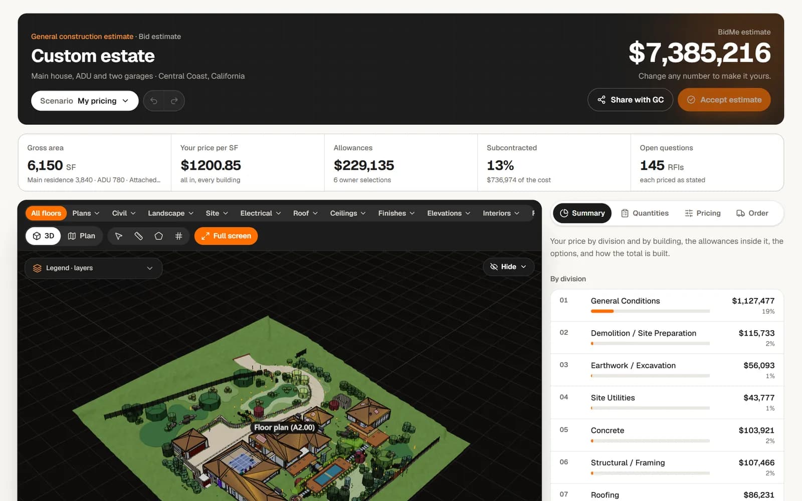 BidMe Estimate Studio: the whole estate in 3D next to the price by division