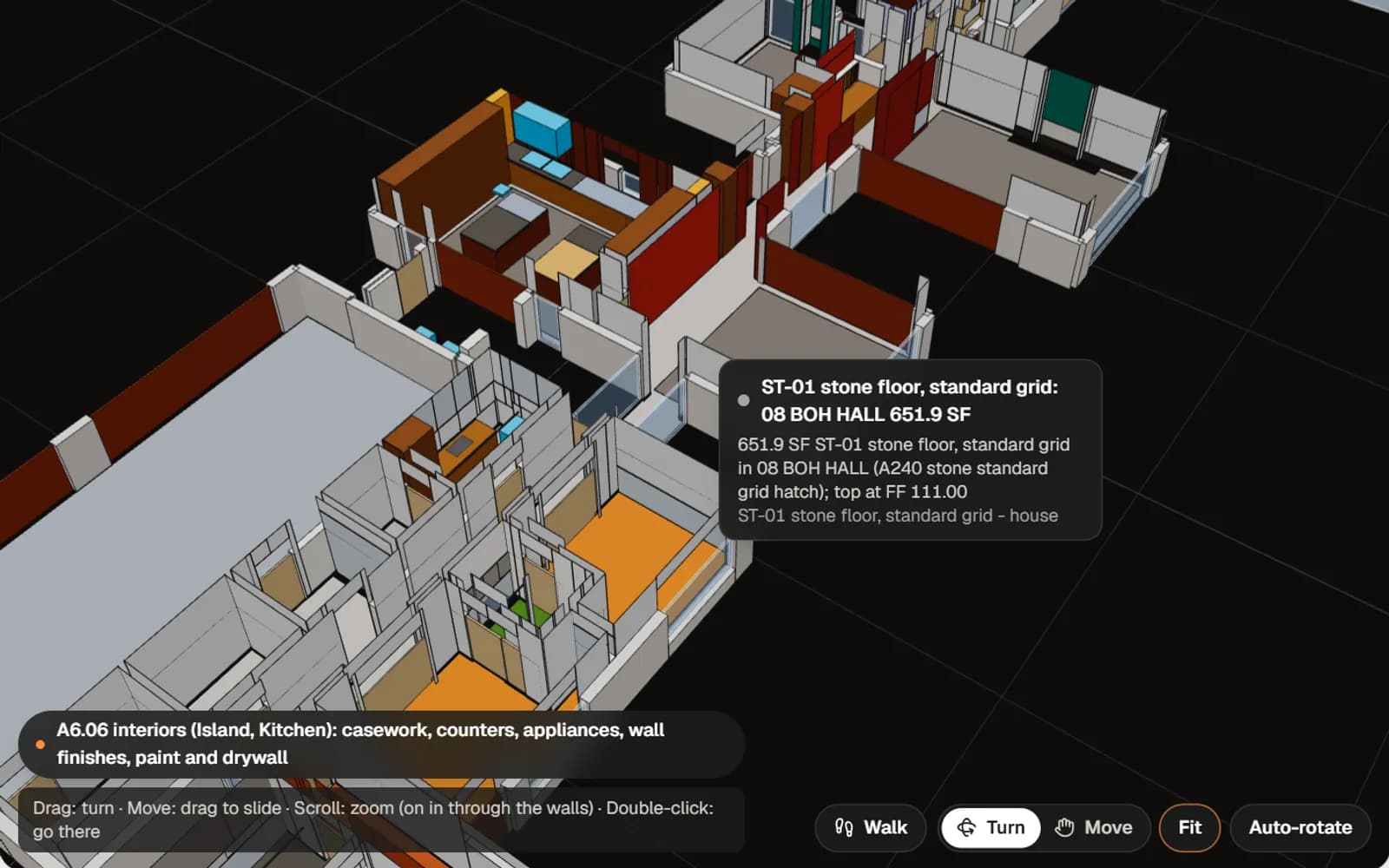 BidMe Estimate Studio 3D interiors with a detail card: 651.9 SF of ST-01 stone floor