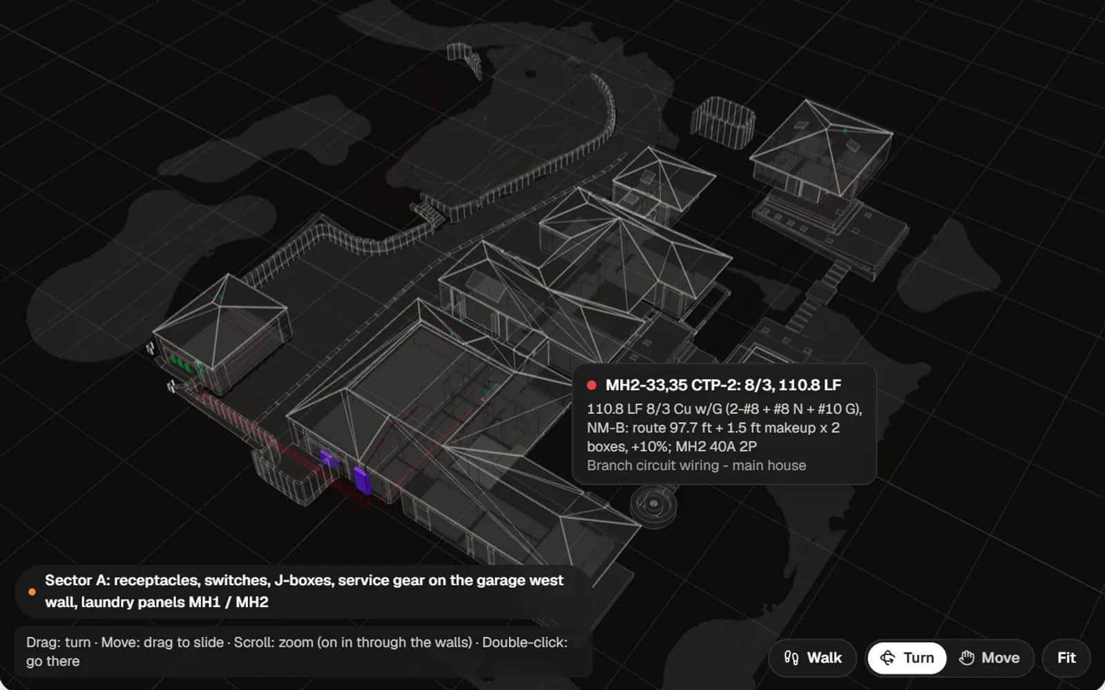 BidMe Estimate Studio 3D electrical with a detail card: 110.8 LF of 8/3 copper branch circuit
