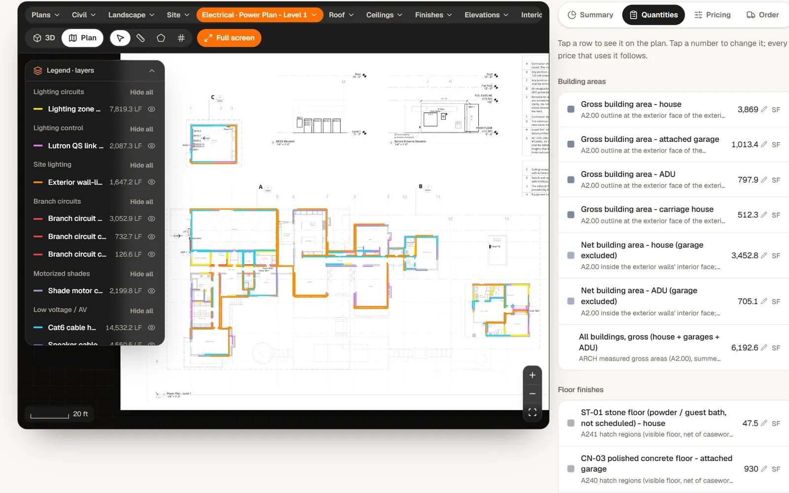 BidMe Estimate Studio plan view: an electrical power plan with each circuit colored and its length in the legend