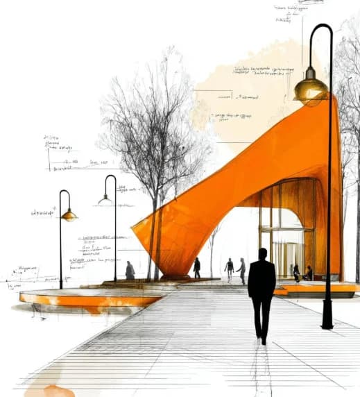 Sketch of an orange arch in a city plaza